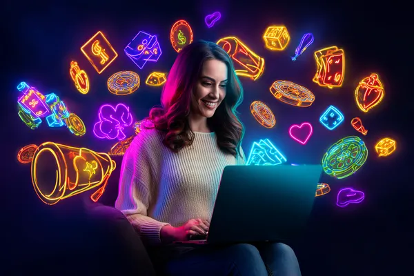 Um homem comemorando uma vitória em seu laptop enquanto símbolos de jogos flutuam ao redor, capturando a emoção dos jogos BUSWIN.